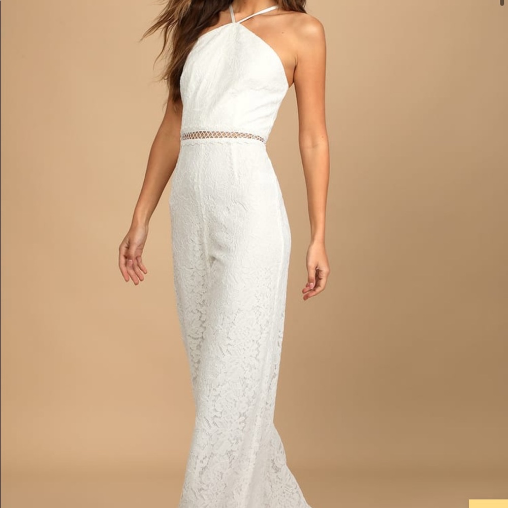 Lulus Romantic Atmosphere White Lace Halter Straight Leg Jumpsuit